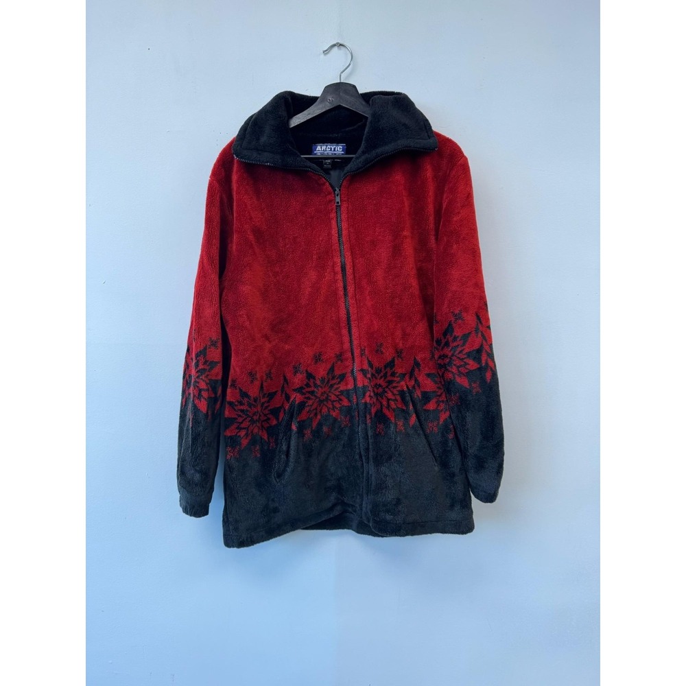 Vintage Arctic Circle Jacket Large Red Fleece Full Zip Snowflake Nordic 90s‎